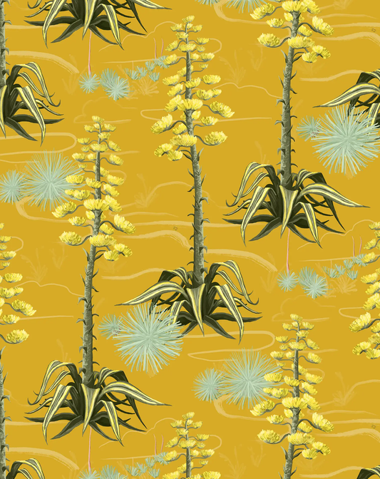 Wallpaper Agave Valley Yellow pattern with tall flowering stalks and blue-green rosettes on Tampa Home & Garden Store