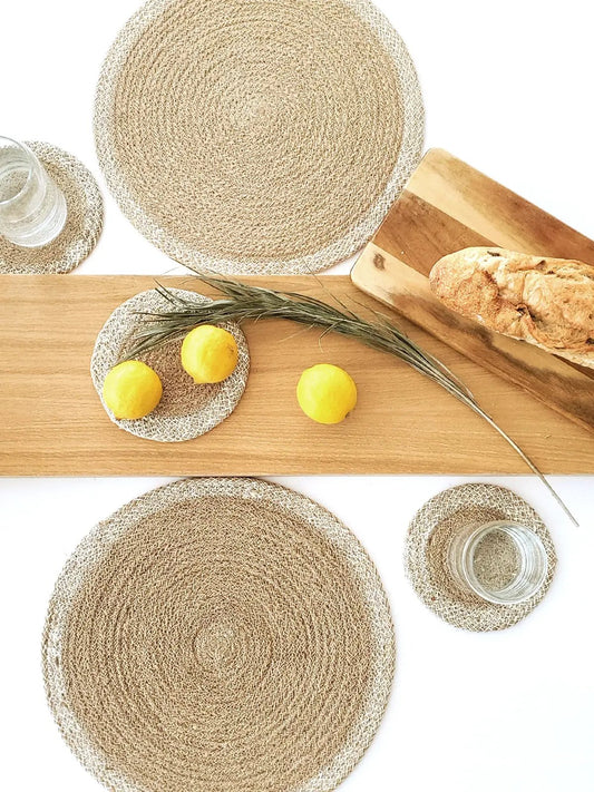 Agora Coaster Trivet set of 4 natural jute round coasters on wooden board on Tampa Home & Garden Store