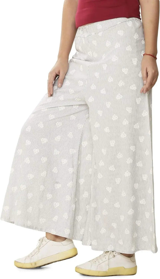 Ahikah Organic Cotton Palazzo Pants with light grey floral print, wide-leg on Tampa Home & Garden Store