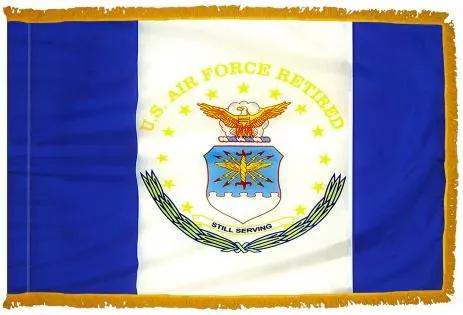 Air Force Retired Indoor Parade Flag by Flagman of America with blue side panels and gold fringe on Tampa Home & Garden Store