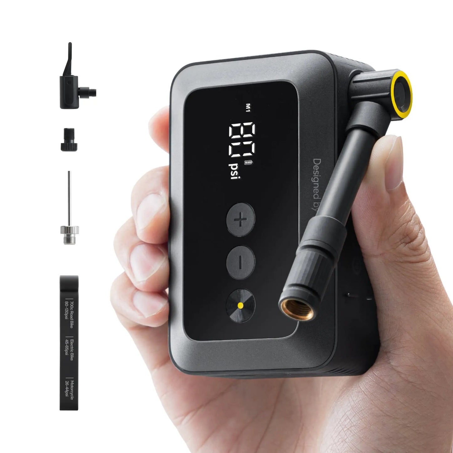 Air Pump Pocket Portable Inflator 150 PSI by HOTO with digital gauge, black body, yellow nozzle on Tampa Home & Garden Store