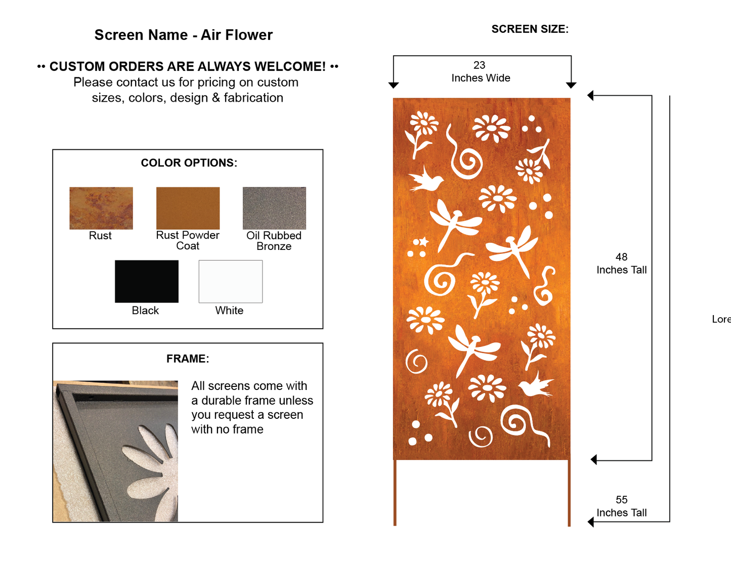 Custom privacy screen by Rustica Ornamentals; color options Rust, Bronze, Black, White; 46in on Tampa Home & Garden Store