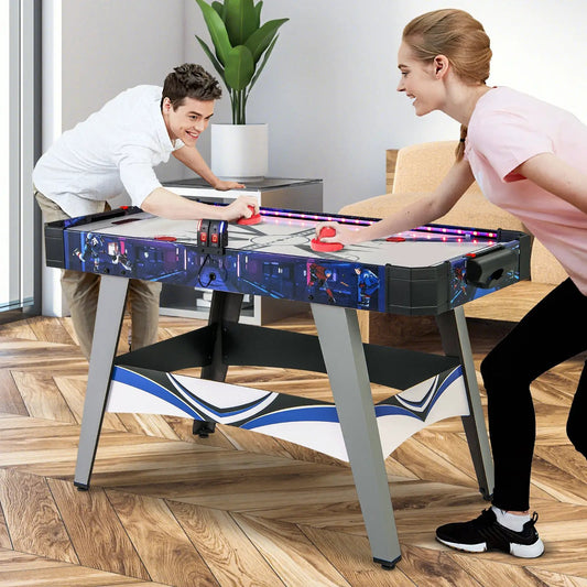 Air Powered Hockey Table with 2 Pushers and Pucks, blue side panels, two players on Tampa Home & Garden Store