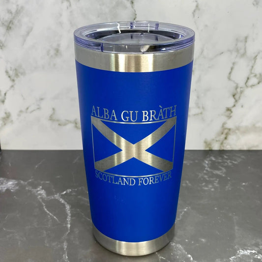 Alba Gu Brath Saltire Flag 20oz tumbler, blue powder coated with silver wrap on Tampa Home & Garden Store