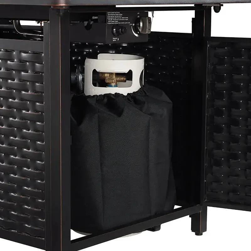 Albany 44-inch rectangular woven aluminum fire pit table with propane tank storage on Tampa Home & Garden Store