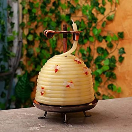 All Natural Beeswax Candle in cream beehive shape with dried red petals on copper stand on Tampa Home & Garden Store
