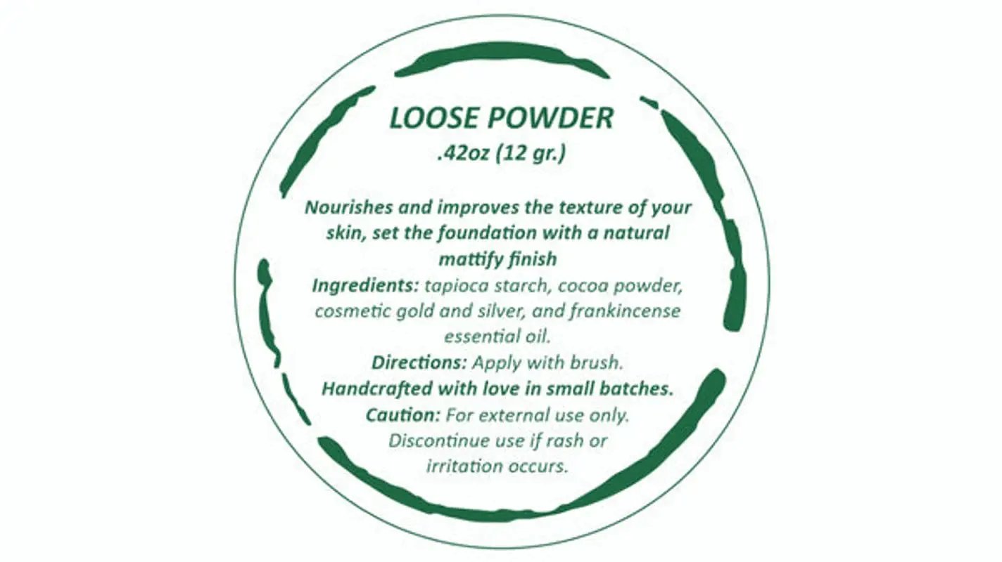 All Natural Bronzer Loose Powder Vegan on a round white label with green text and circular border on Tampa Home & Garden Store
