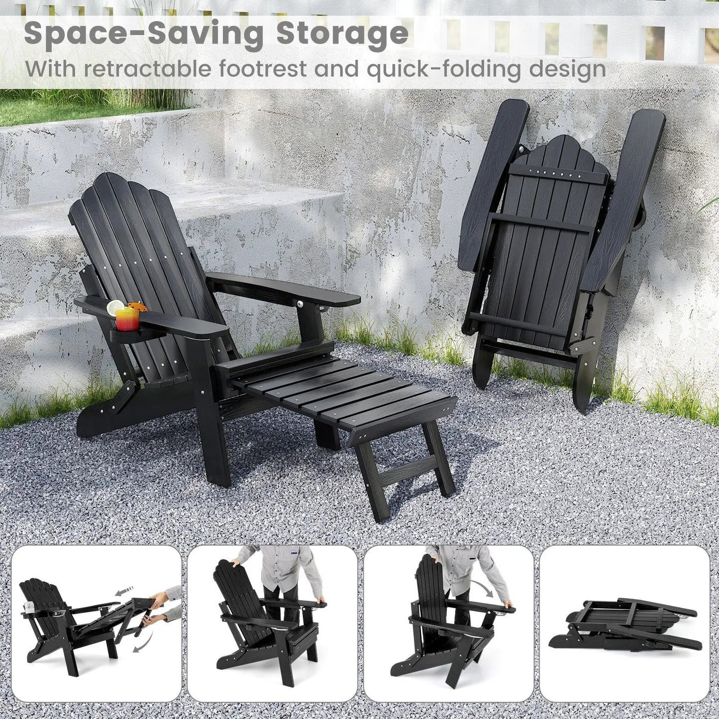 All Weather HIPS Adirondack Lounge Chair pair in black with folding design DirectDeals on Tampa Home & Garden Store