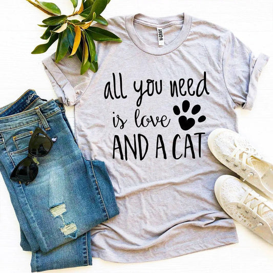 Gray cotton T-shirt All You Need Is Love and a Cat with paw print by Furr Baby Gifts on Tampa Home & Garden Store