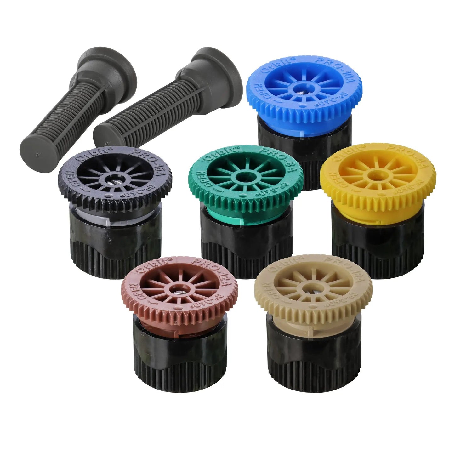 Orbit 4 ft adjustable pattern sprinkler spray nozzle with colorful caps and two gray nozzles on Tampa Home & Garden Store