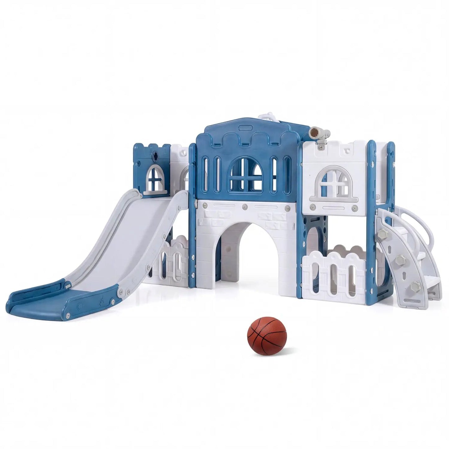 Toddler slide playset with tunnel and ladder in blue/white plastic, basketball visible on Tampa Home & Garden Store
