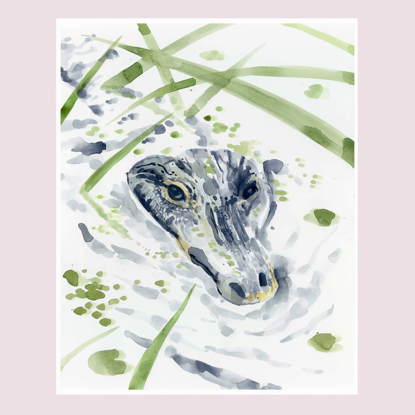 Louisiana Swamp Alligator Watercolor Print by Lyla Clayre Studio with green swamp reeds and blue-gray shadows on Tampa Home & Garden Store