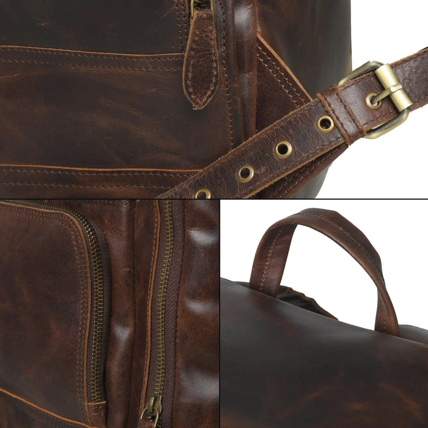 Alpha Brown Buffalo Leather Travel Backpack with brass hardware and stitched detailing on Tampa Home & Garden Store