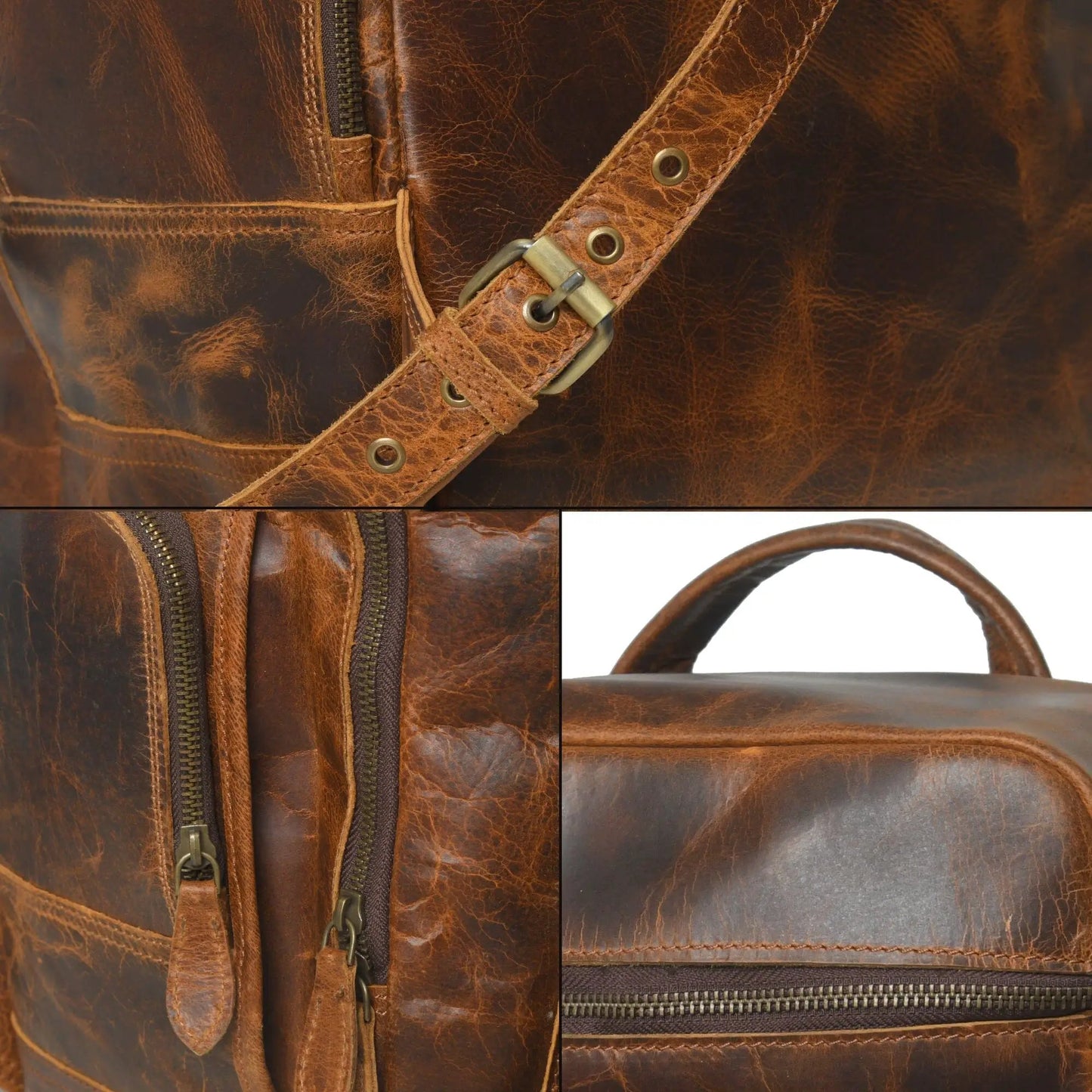 Alpha Caramel Buffalo Leather Travel Backpack closeup with brass hardware and rugged strap on Tampa Home & Garden Store