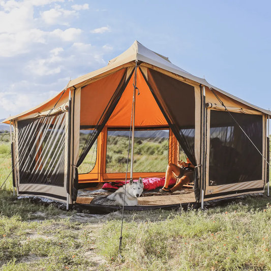 Altimus Bell Tent by White Duck Outdoors with stand-up space, beige exterior and orange interior, mesh panels on Tampa Home & Garden Store