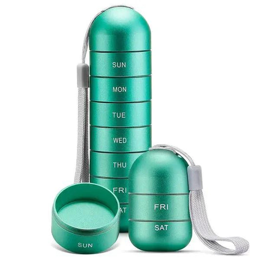 Teal aluminum 7-day waterproof pill organizer with day rings and a lanyard on Tampa Home & Garden Store