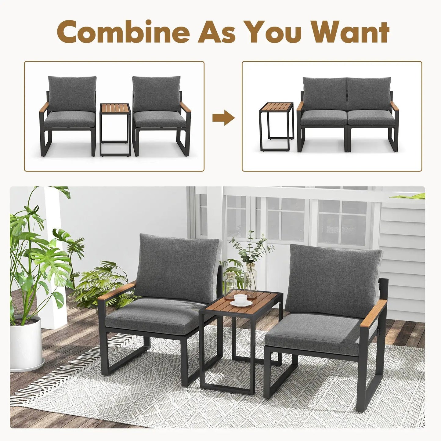 DirectDeals aluminum outdoor three piece seating set with gray cushions and wood-top side table on Tampa Home & Garden Store