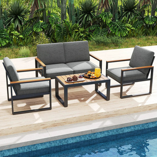 4 Piece Patio Aluminum Furniture Set with Armrests and Tabletop-Gray - Tampa Home & Garden Store