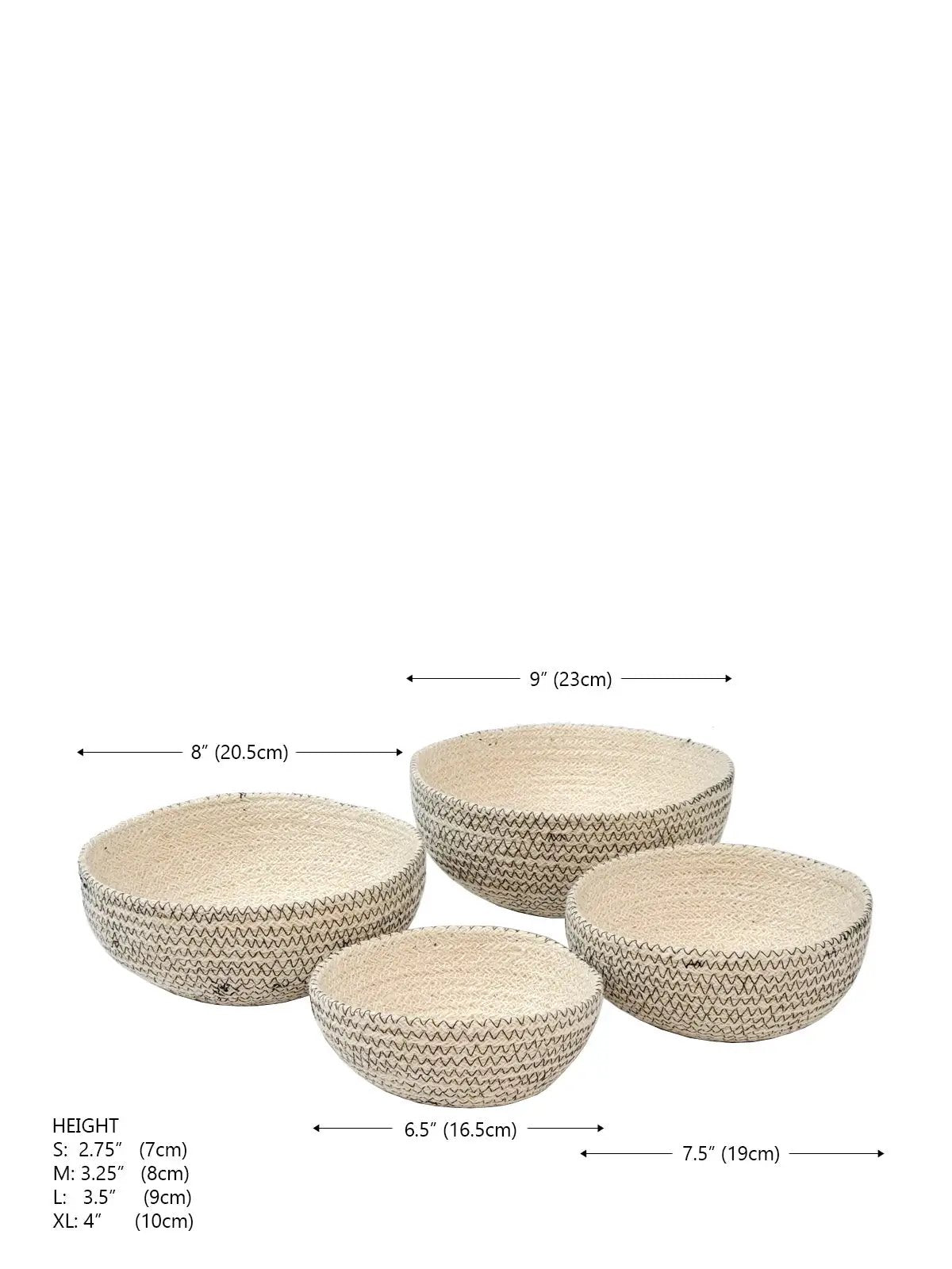 Amari Round Bowls Black set of four, woven jute bowls with dark zigzag trim by KORISSA on Tampa Home & Garden Store