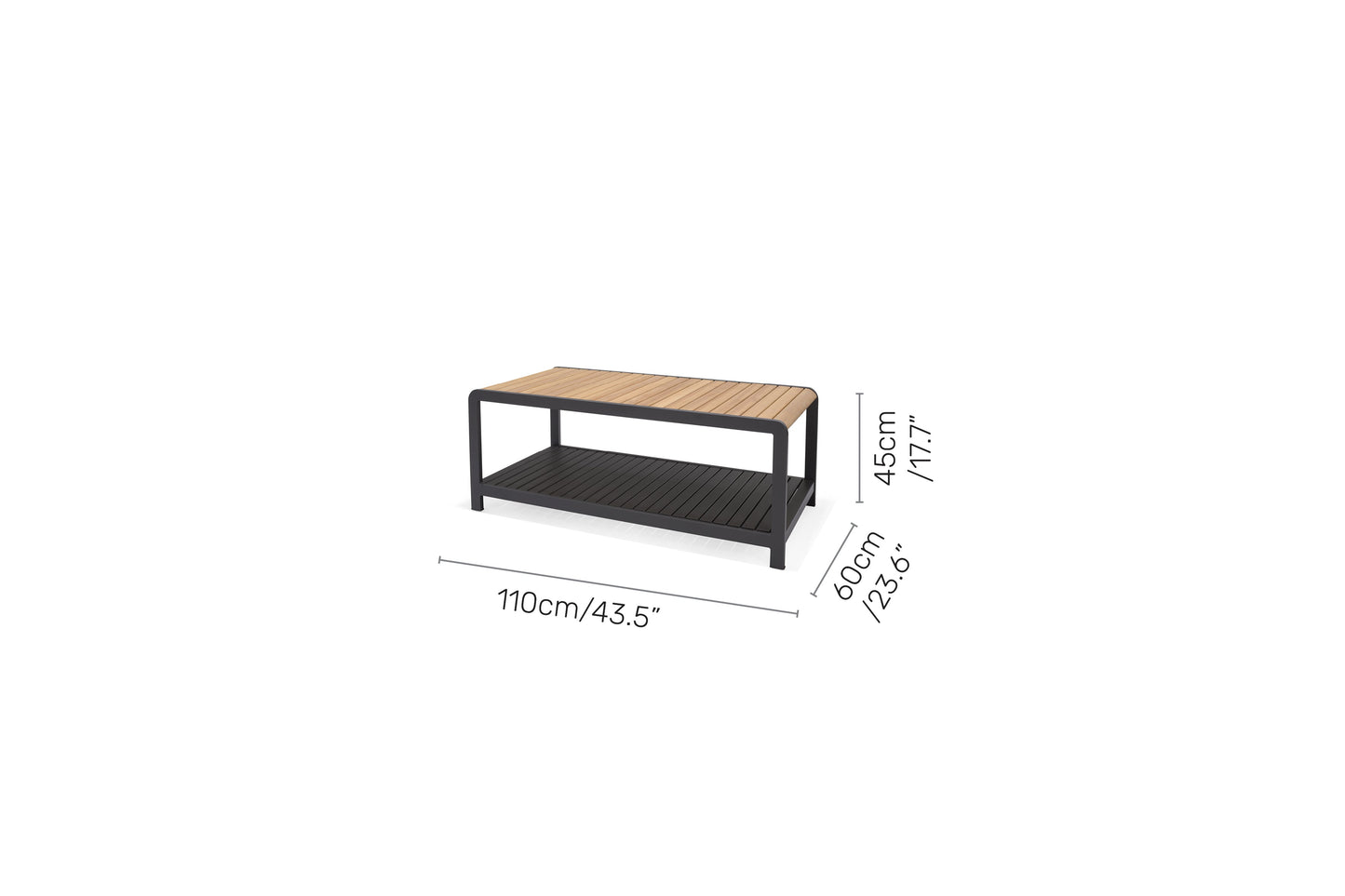 Amber Teak and Aluminum Rectangular Coffee Table with black frame on Tampa Home & Garden Store