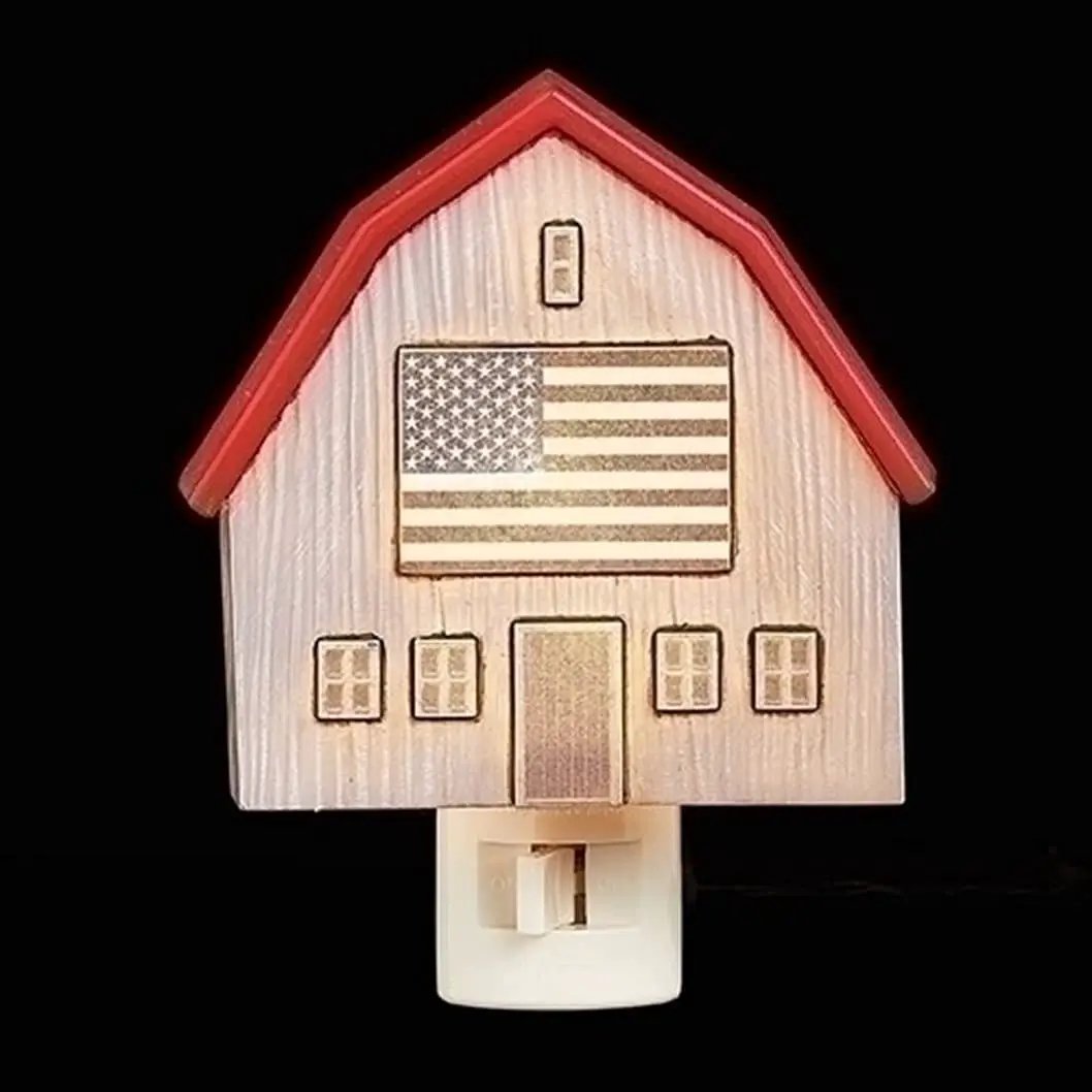 American flag barn night light decor, wooden with red roof, by The Country Christmas Loft on Tampa Home & Garden Store