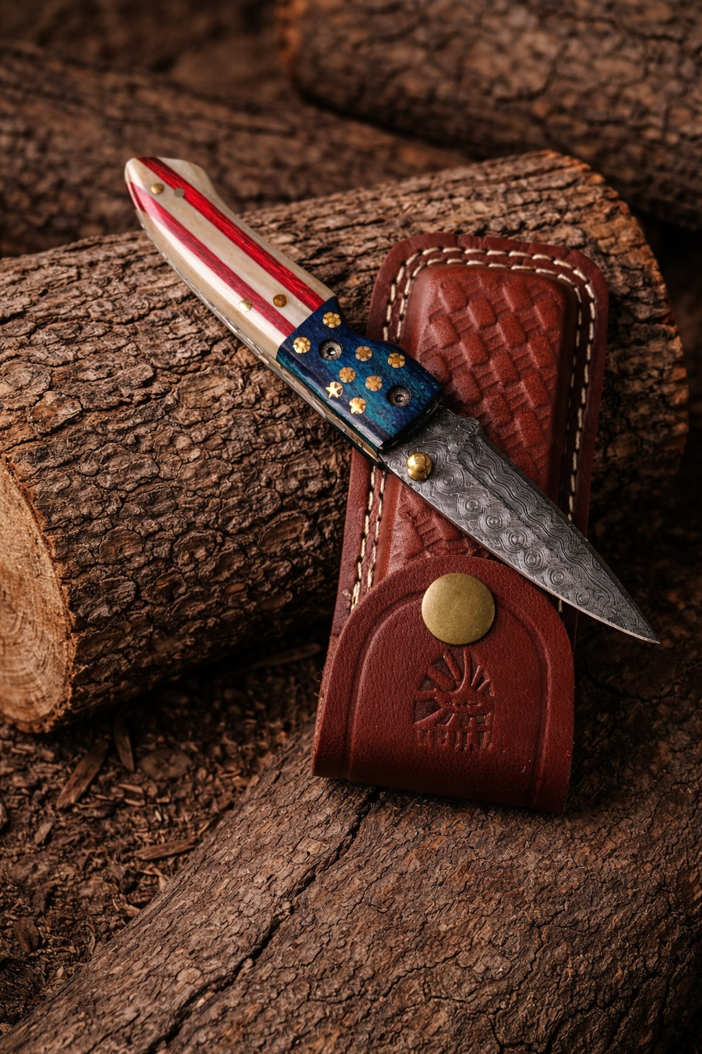 Titan Patriot Damascus Folding Knife TF-078 flag handle damascus blade brown leather sheath on Tampa Home & Garden Store