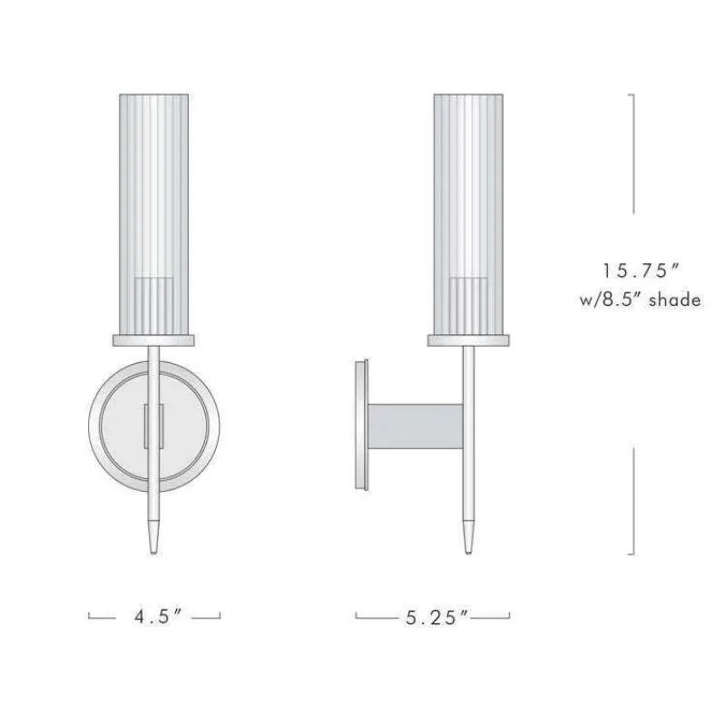 Solid Brass Wall Sconce with ribbed Glass Shade E26, 15.75in tall, 5.25in projection on Tampa Home & Garden Store