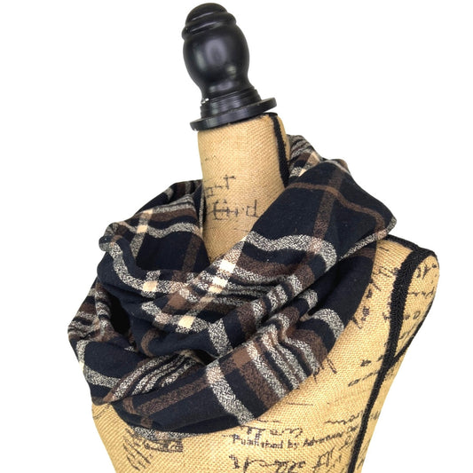 An Autumn Evening Plaid - Deep Rich Tones of Black, Milk Chocolate and Creamy White Plaid Flannel Infinity or Blanket Scarf - Tampa Home & Garden Store