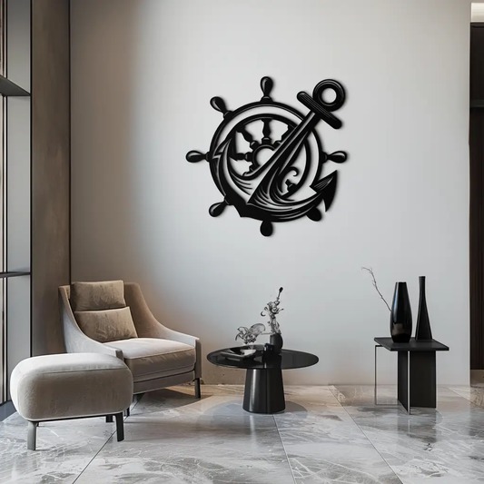 Anchor and Ship Wheel Metal Wall Art in black steel by Enova Art, nautical wall decor on Tampa Home & Garden Store