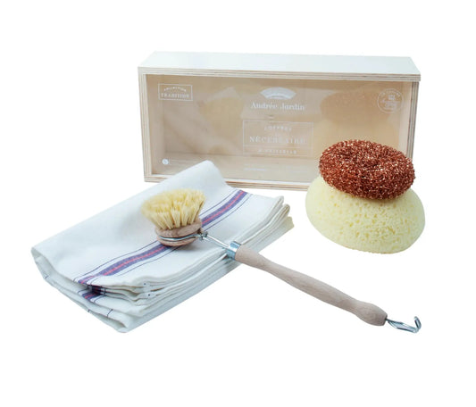 Andr Jardin dish cleaning kit in wooden box with wooden dish brush and copper scrubber on Tampa Home & Garden Store