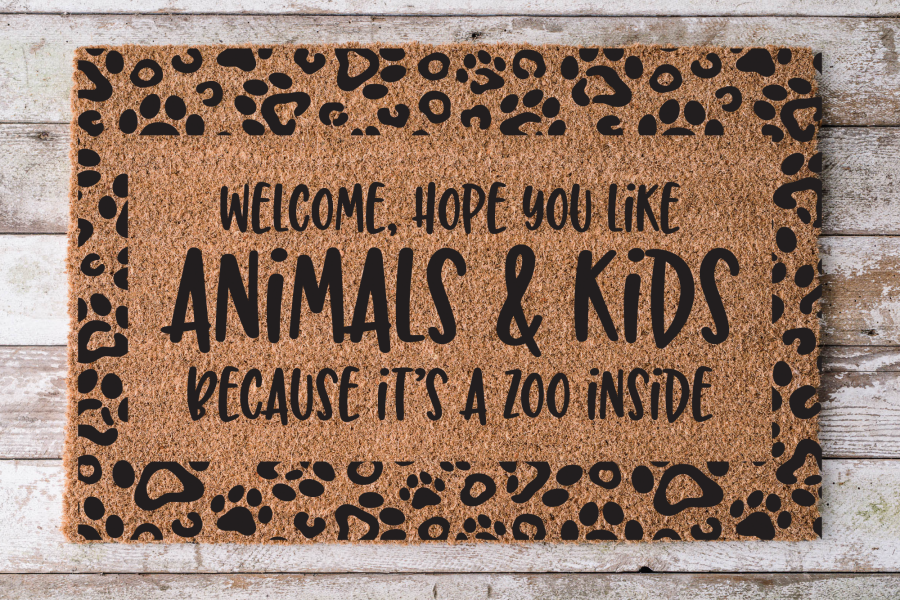 Animal Print Doormat "Welcome, Hope you like Animals & Kids, it's a zoo inside" - Tampa Home & Garden Store