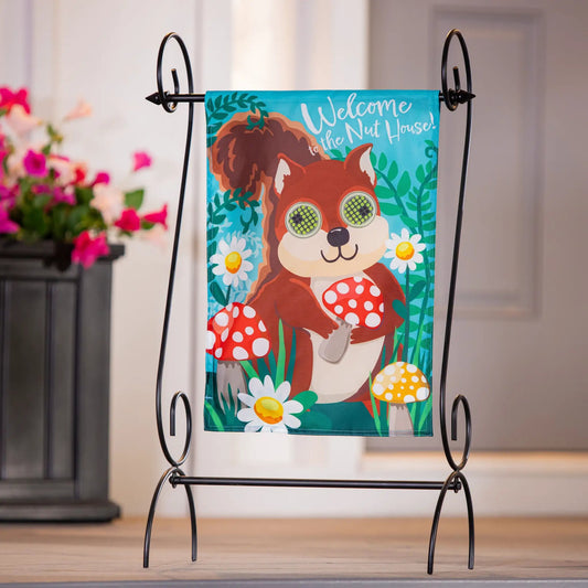 Animated Nutty Squirrel Garden Flag with LED Eyes, turquoise applique design on Tampa Home & Garden Store