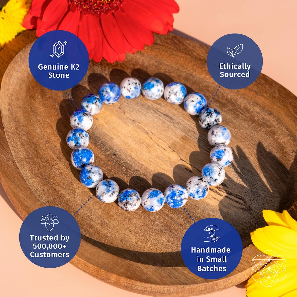 Rare K2 Stone Bracelet by Conscious Items, blue-white marbled beads on Tampa Home & Garden Store
