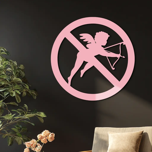 Anti Cupid Metal Wall Art, pink circular no-Cupid sign for Valentines decor on Tampa Home & Garden Store