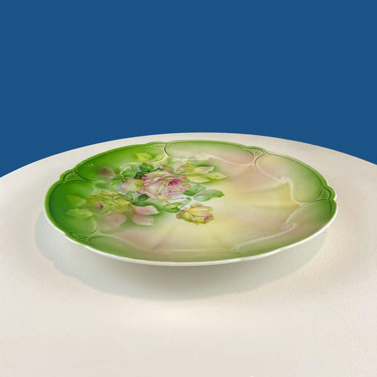 Antique 12 inch decorative plate with pink rose bouquet and green rim hand-painted wall decor on Tampa Home & Garden Store