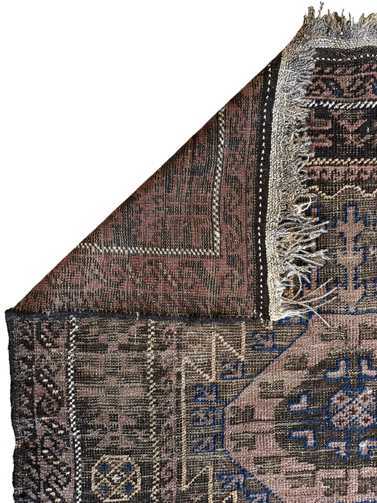 Antique Baluchi wool rug 3x6'4 with brown red blue geometric motifs and fringe on Tampa Home & Garden Store