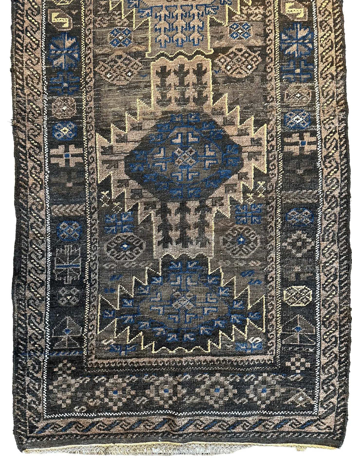 Rug antique Baluchi wool 3x6'4in with blue, tan and black geometric medallion and border on Tampa Home & Garden Store