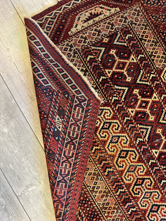 Antique Turkoman Namazlyk prayer rug, overlapping red and ivory geometric panels, 4ft x 5ft2in on Tampa Home & Garden Store