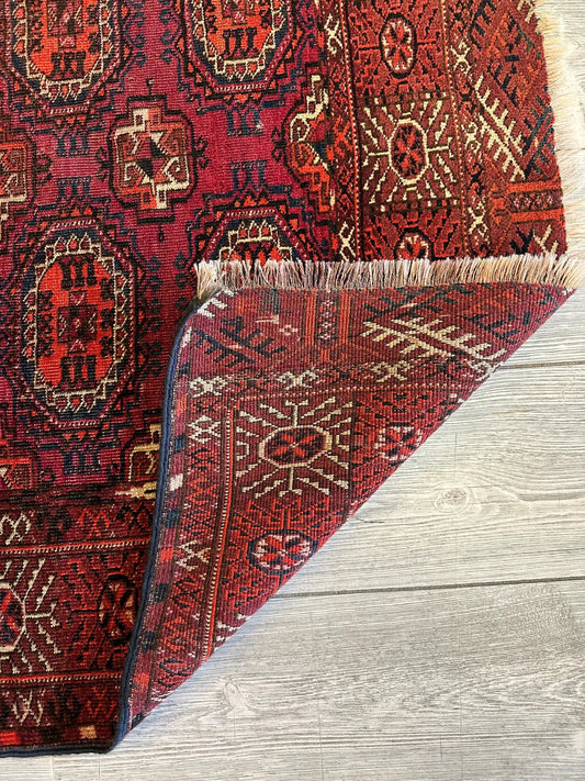 Antique Turkoman tribal rug by Rugistan 3x4 ft with red field, geometric medallions, fringe on Tampa Home & Garden Store