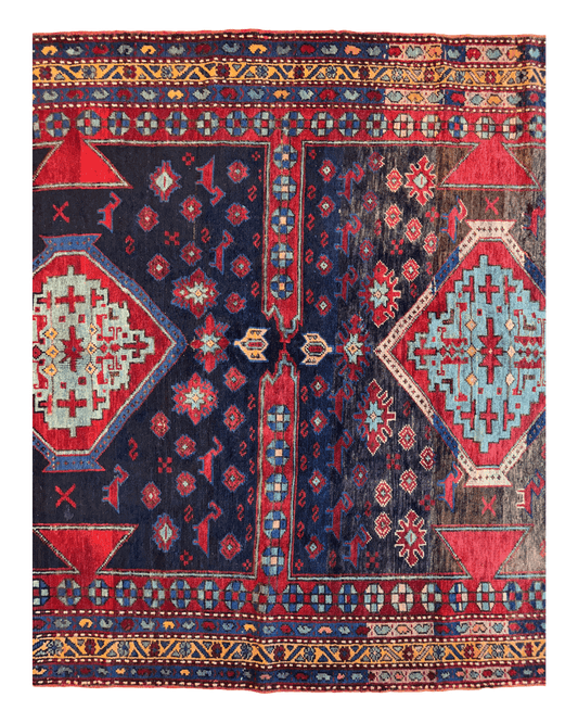 Antique 19th Century Handwoven Kazak Rug 5x8 with red navy teal geometric motifs Rugistan on Tampa Home & Garden Store