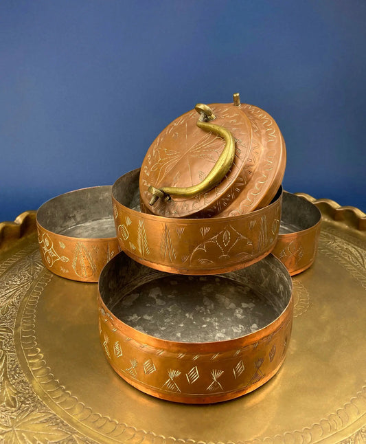 Antique Turkish copper lunch box with 4 stacking bowls and brass handle on Tampa Home & Garden Store