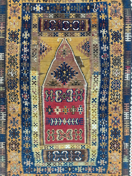 Antique Anatolian wool prayer rug knotted, 4ft 6in, multicolor geometric medallion Rugistan on Tampa Home & Garden Store