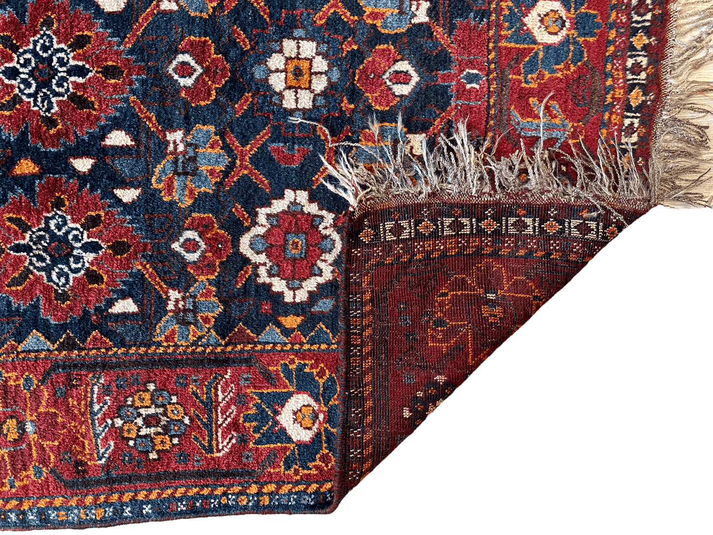 Area Rug Antique Persian Khamseh Rug 1920s in red and navy with fringed edge Rugistan on Tampa Home & Garden Store