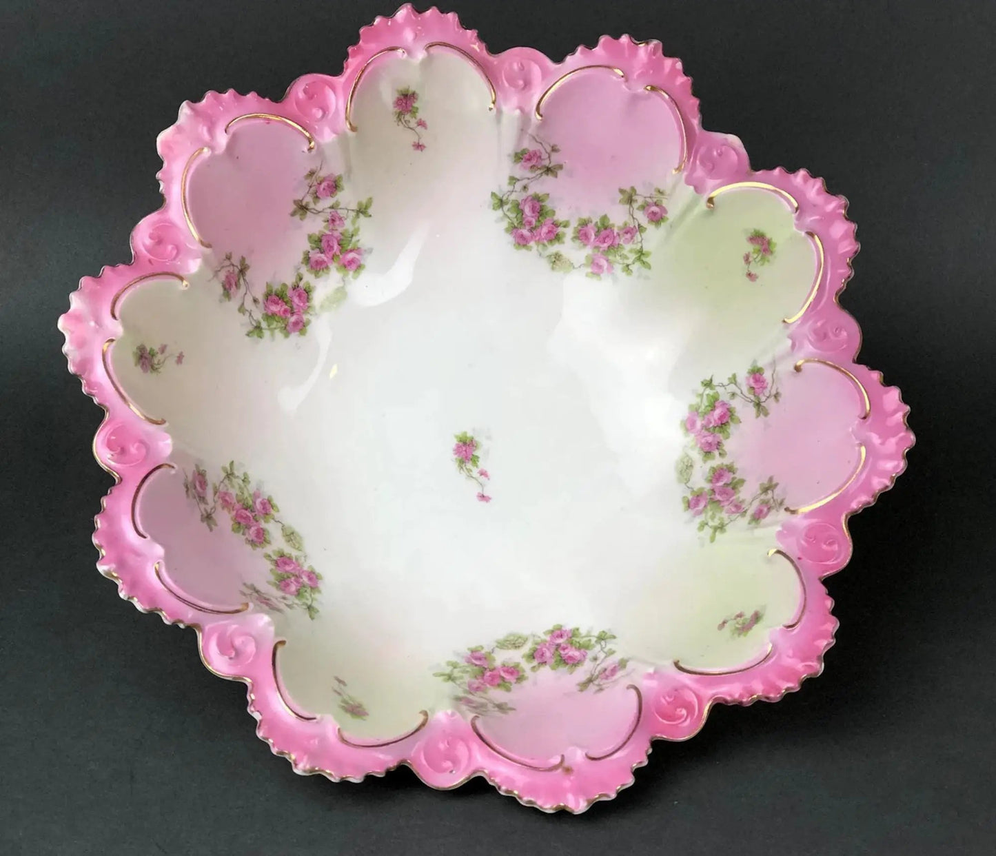 Antique Austrian porcelain serving platter hand-painted with pink scalloped edge and roses on Tampa Home & Garden Store