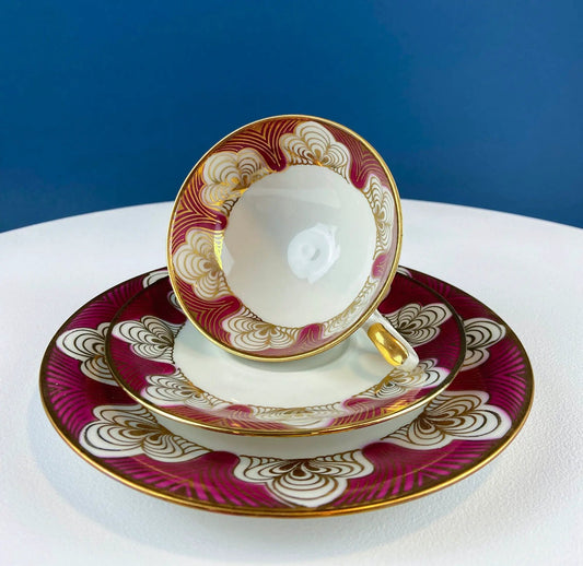 Antique Bavarian cup, saucer and dessert plate in white porcelain with maroon and gold trim on Tampa Home & Garden Store