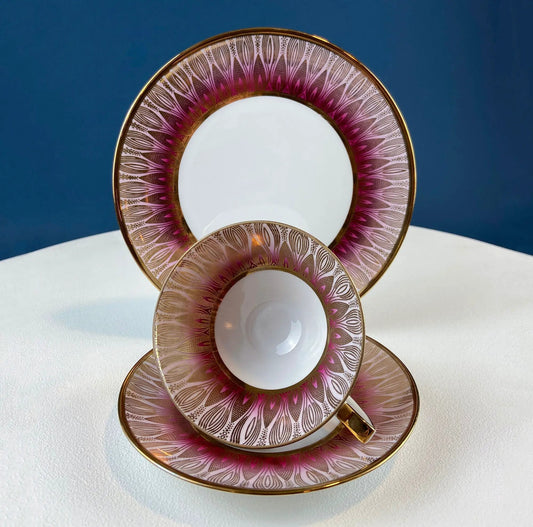 Antique Bavarian Tea Trio Roslaw Lotus Pattern pink porcelain cup saucer plate with gold trim on Tampa Home & Garden Store