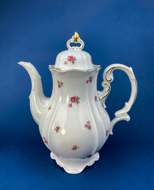 Bavarian porcelain teapot with pink rose pattern and gold trim, ornate lid finial on Tampa Home & Garden Store