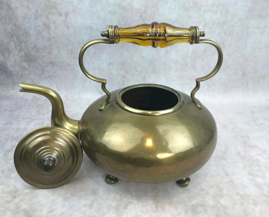 Brass teapot with amber glass handle and lid, 2-piece decor on Tampa Home & Garden Store