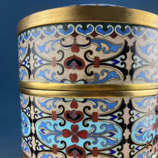 Antique Chinese cloisonné stackable bowls with brass rims and vibrant enamel on Tampa Home & Garden Store