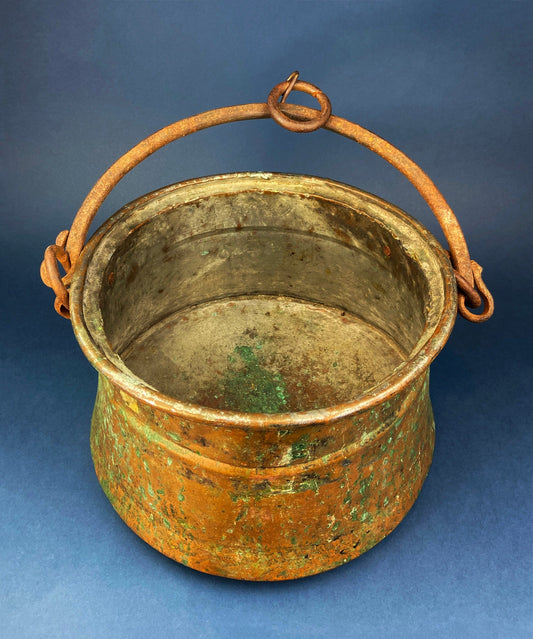 Antique Copper Cauldron. Large Hand Pounded Bucket with Wrought Iron Handle. Hand Hammered Fire Wood Scuttle. Rustic Home Decor. - Tampa Home & Garden Store